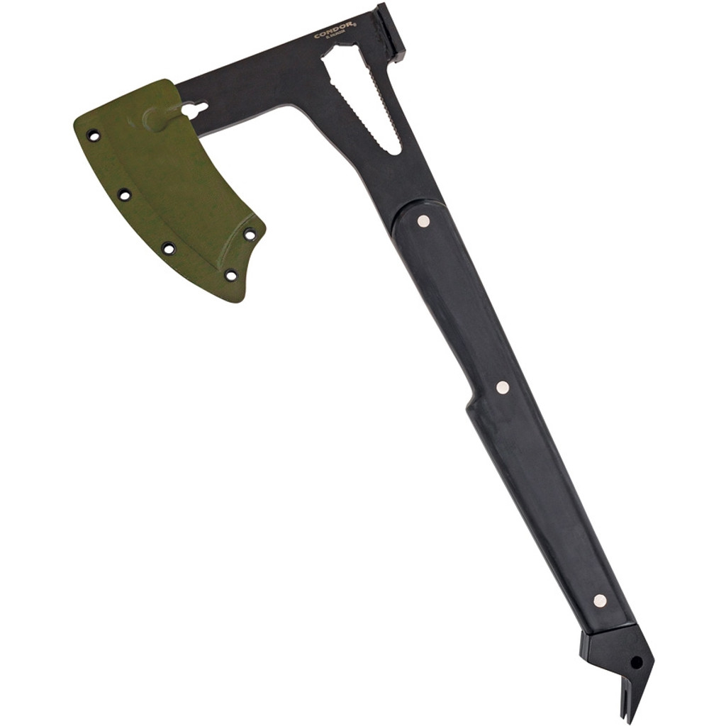 Condor Tool and Knife Blackout Hawk Axe - shown in sheath obverse.  Black coated 1075 steel plain edge head.  Black paper Micarta handle.  Model CTK1817-7.26HC.
For reference only.