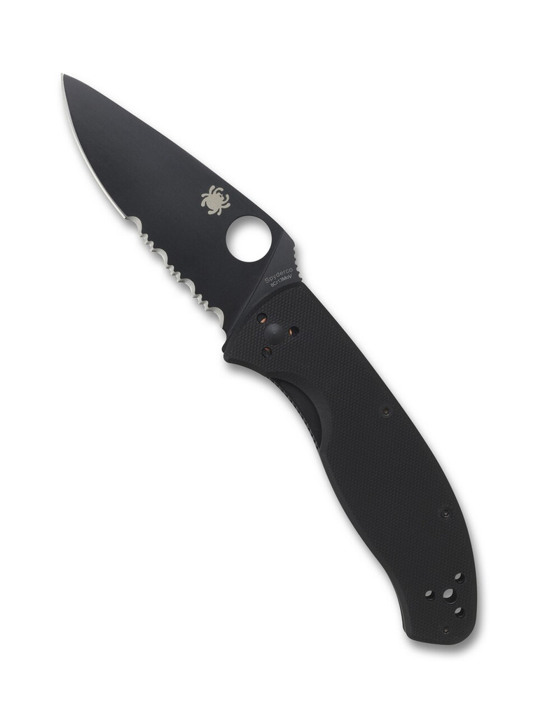 Spyderco Tenacious folding knife with thumb hole - shown open presentation side.  Black 8Cr13MoV stainless steel combo edge blade.  Black G-10 handle.  C122GBBKPS.