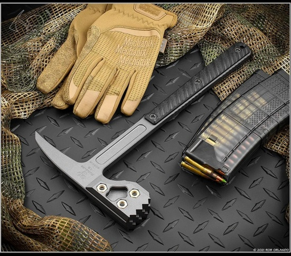 RMJ Tactical Cuddles Tactical Hammer - shown out of sheath obverse.  Tungsten Cerakote 80CRV2 steel head.  Black G-10 handle.  