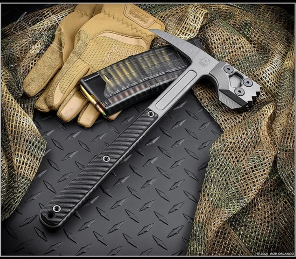 RMJ Tactical Cuddles Tactical Hammer - shown out of sheath reverse.  Tungsten Cerakote 80CRV2 steel head.  Black G-10 handle.  