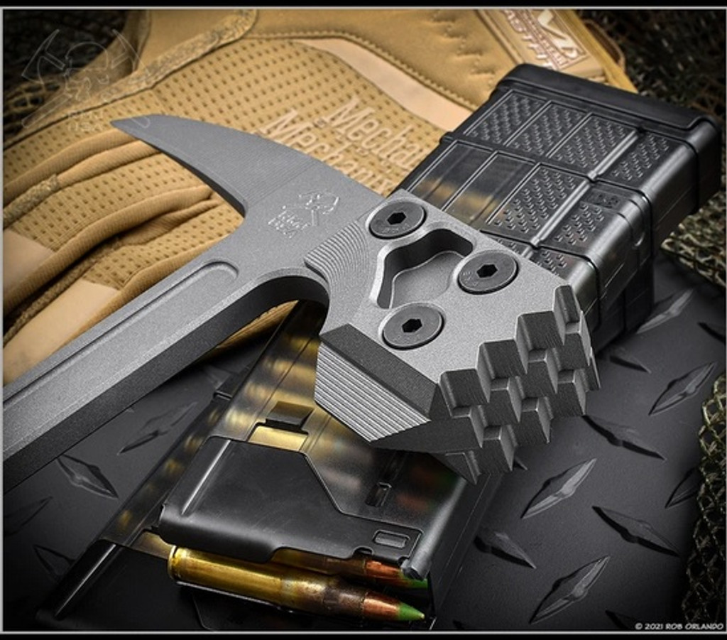 RMJ Tactical Cuddles Tactical Hammer - close up of head shown.  Tungsten Cerakote 80CRV2 steel head.  Black G-10 handle.  