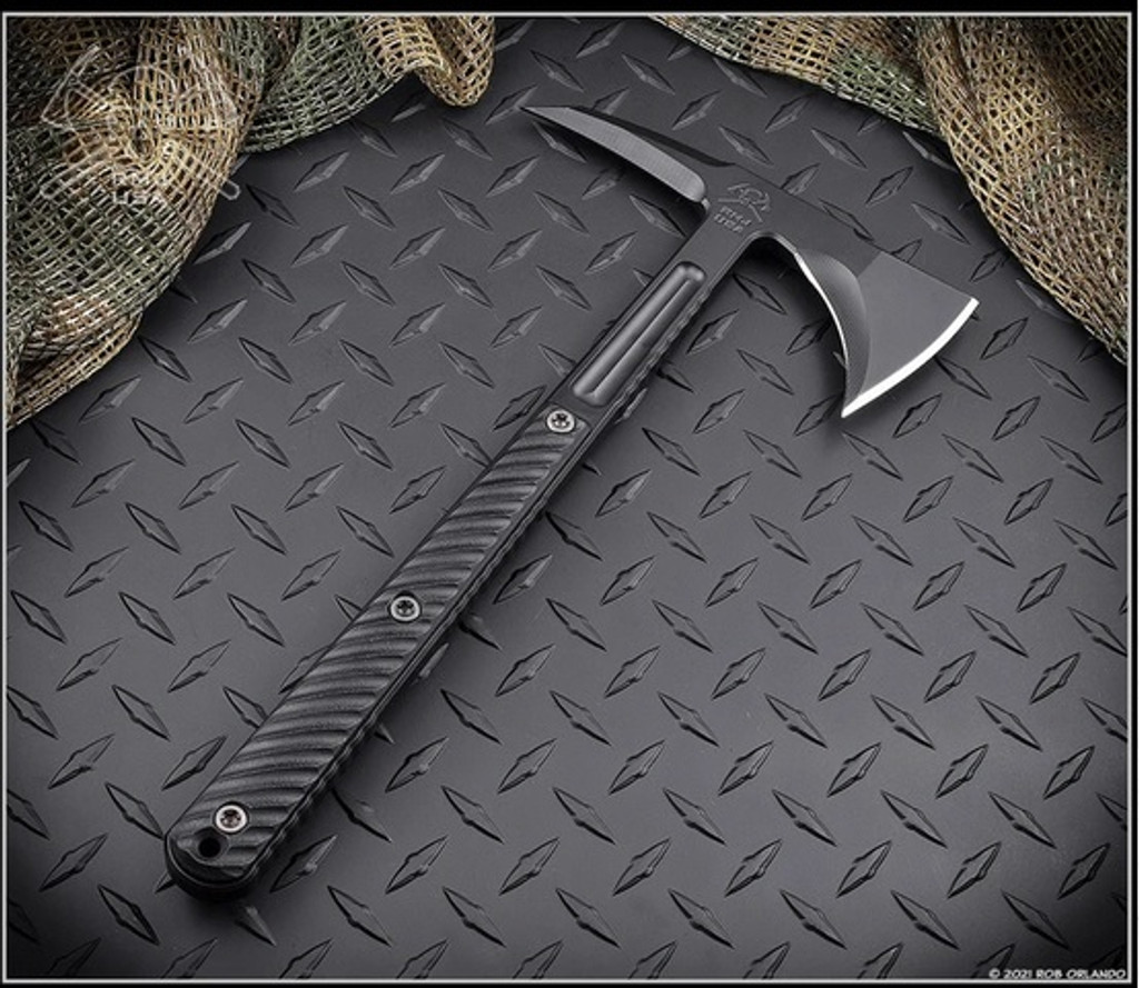 RMJ Tactical Kestrel tomahawk - shown out of sheath obverse.  Black Cerakote 80CRV2 steel plain edge head.  Black G-10 handle.