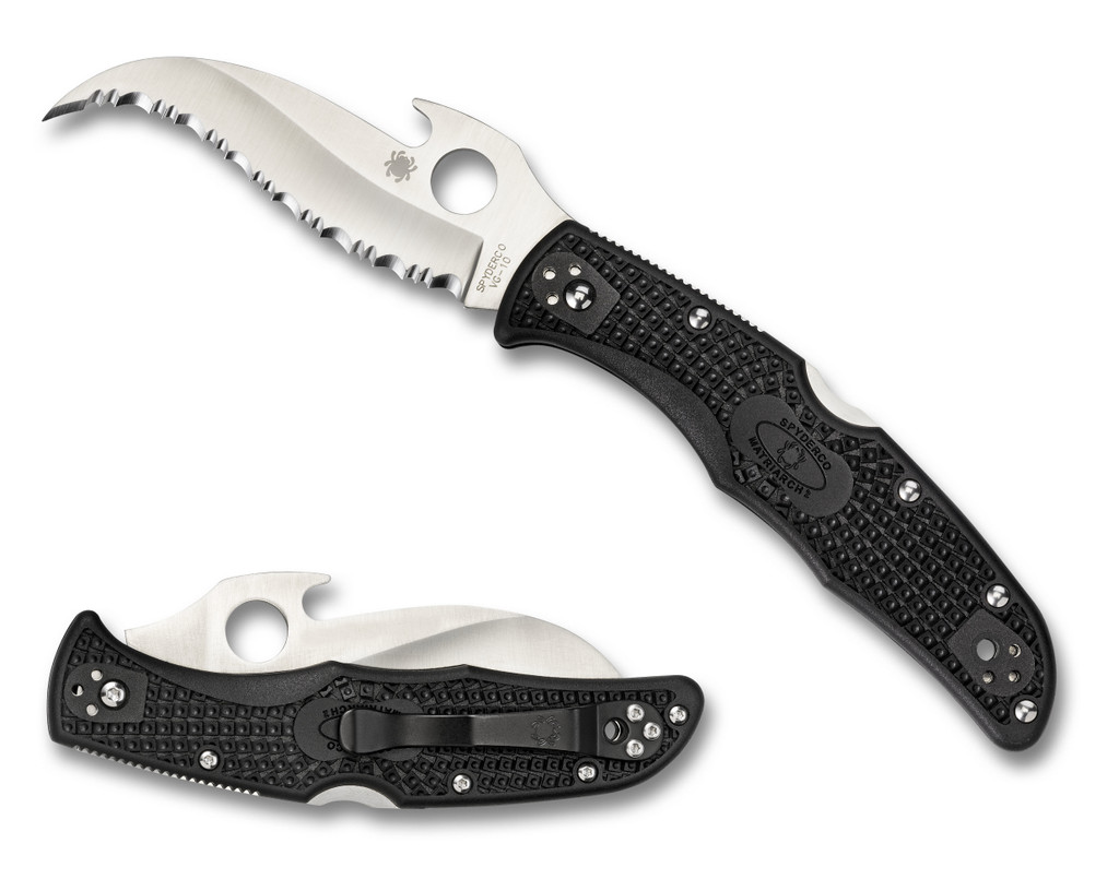 Spyderco Matriarch 2 Emerson folding knife with thumb hole and Emerson Wave Opener - shown open presentation side and closed pocket clip side.  Satin VG-10 stainless steel serrated edge blade.  Black FRN handle.  Model C12SBK2W.