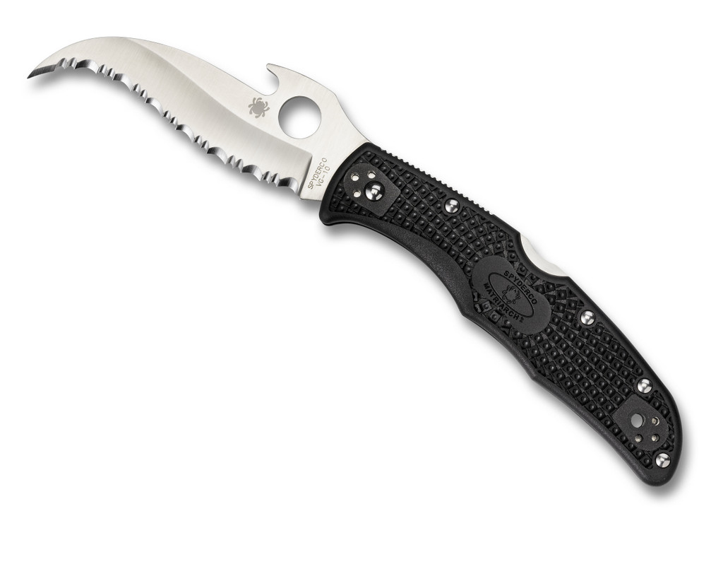Spyderco Matriarch 2 Emerson folding knife with thumb hole and Emerson Wave Opener - shown open presentation side.  Satin VG-10 stainless steel serrated edge blade.  Black FRN handle.  Model C12SBK2W.