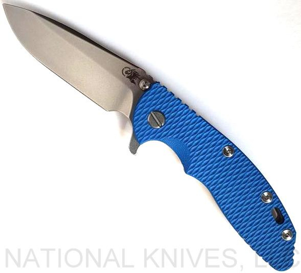 Rick Hinderer Knives XM-18 3.5" Spear Point folding knife with thumb stud and flipper tab - shown open presentation side.  Stonewash 20CV stainless steel plain edge blade.  Blue G-10 handle with stonewash lock side.  Model KXM35SPE.