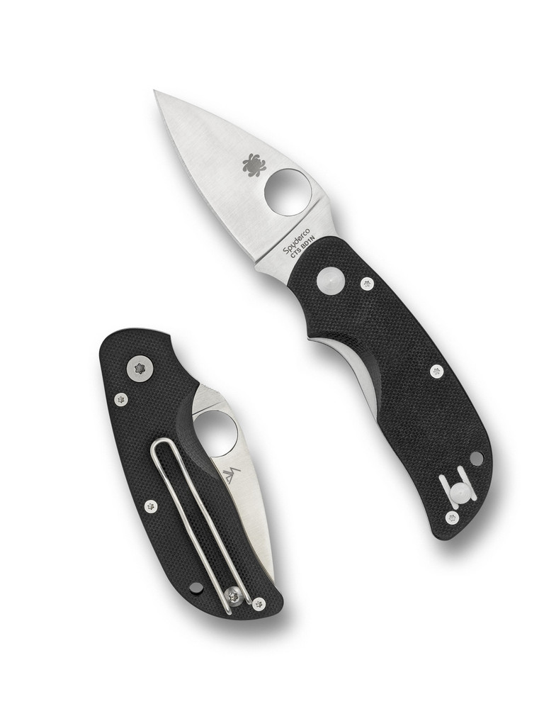 Spyderco Cat folding knife with thumb hole - shown open presentation side and closed pocket clip side.  Satin CTS-BD1N stainless steel plain edge blade.  Black G-10 handle.  Model C129GP.