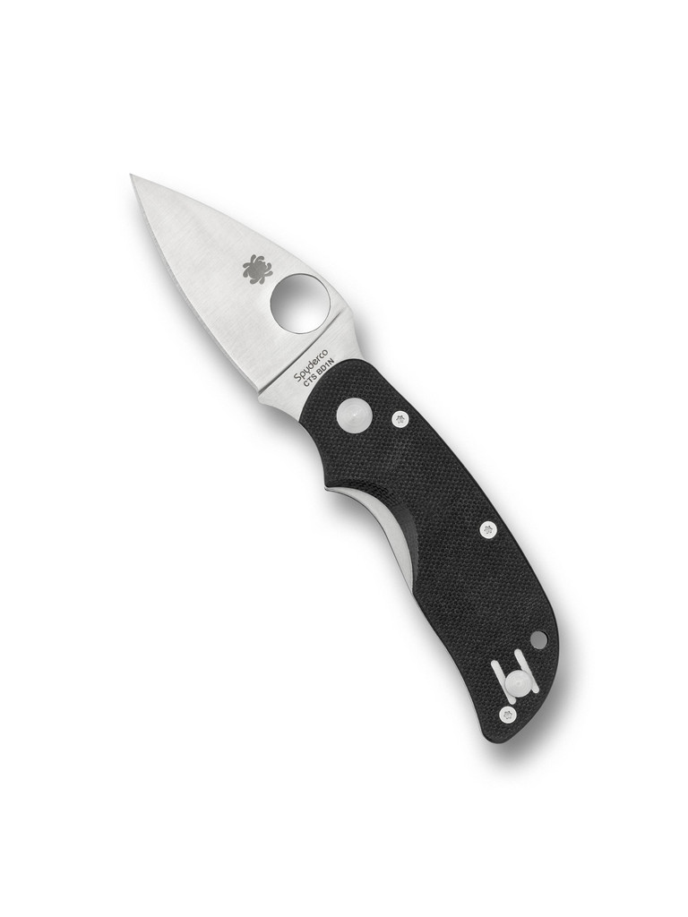 Spyderco Cat folding knife with thumb hole - shown open presentation side.  Satin CTS-BD1N stainless steel plain edge blade.  Black G-10 handle.  Model C129GP.