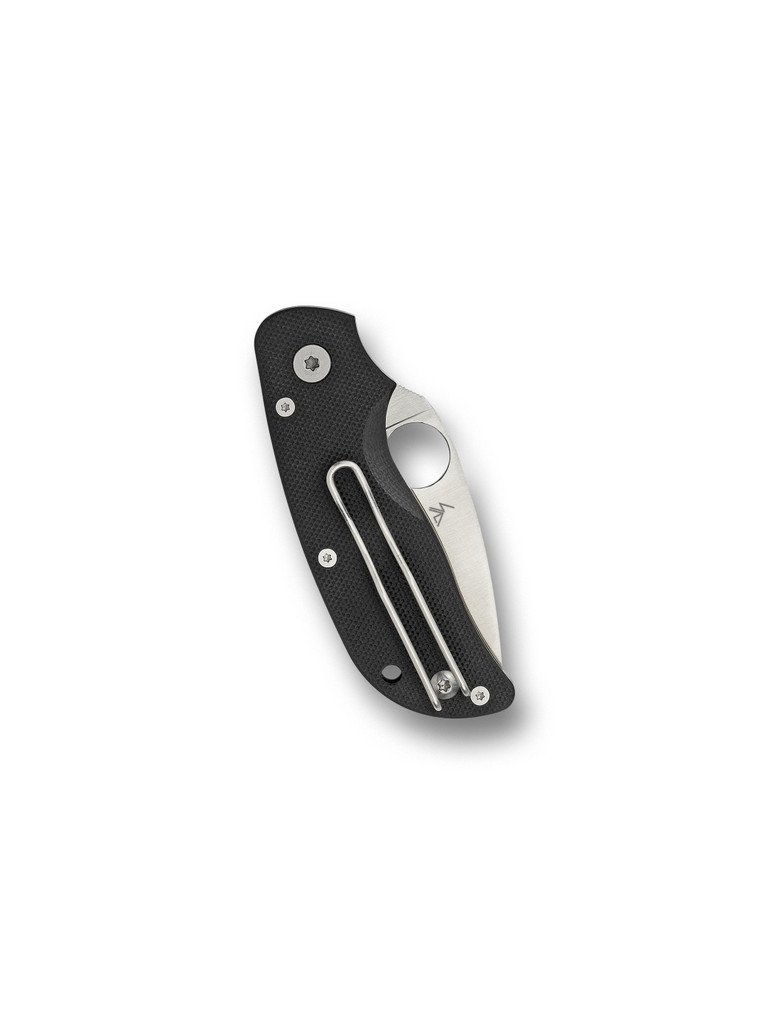 Spyderco Cat folding knife with thumb hole - shown closed pocket clip side.  Satin CTS-BD1N stainless steel plain edge blade.  Black G-10 handle.  Model C129GP.