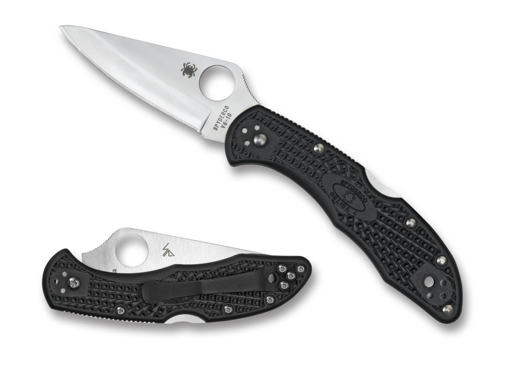Spyderco Delica 4 folding knife with thumb hole - shown open presentation side and closed pocket clip side.  Satin VG-10 stainless steel, saber ground, plain edge blade.  Black FRN handle.  Model C11PBK.

