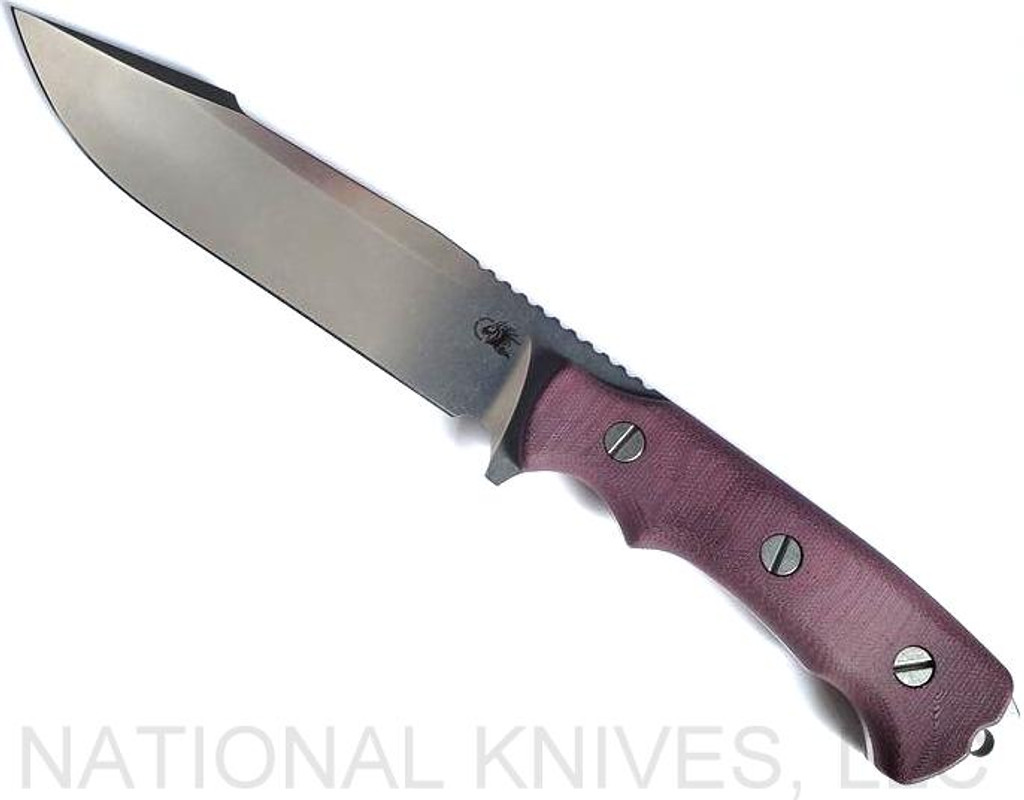 Rick Hinderer Knives FieldTac 6.0 Harpoon Spanto fixed blade knife - shown out of sheath reverse.  Stonewash Nitro-V stainless steel plain edge blade.  Burgundy Micarta handle.  Model KFTAC60KYSH.