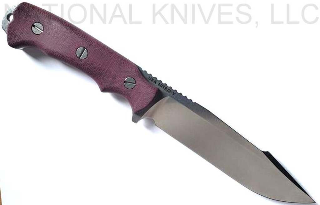 Rick Hinderer Knives FieldTac 6.0 Harpoon Spanto fixed blade knife - shown out of sheath obverse.  Stonewash Nitro-V stainless steel plain edge blade.  Burgundy Micarta handle.  Model KFTAC60KYSH.