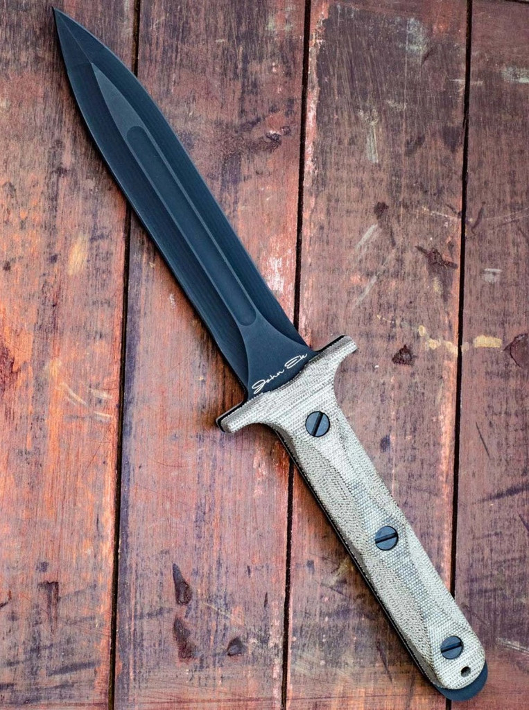 Rick Hinderer Knives Ek Commando Dagger fixed blade knife - shown out of sheath obverse.  Parkerized black O-1 steel double plain edge blade.  OD green Micarta handle.  Model KEKDAG01.