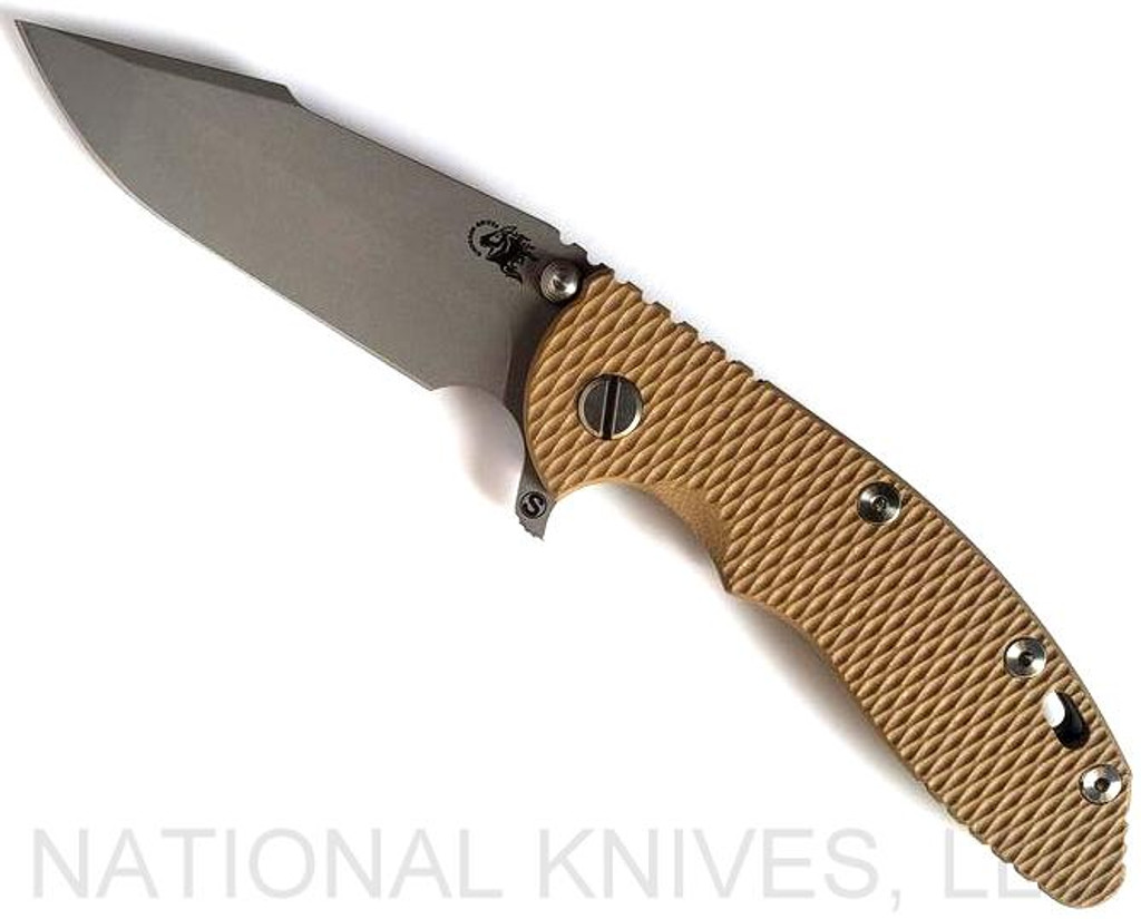 Rick Hinderer Knives Skinny XM-18 3.5" Harpoon Spanto folding knife with thumb stud and flipper tab - shown open presentation side.  Working Finish 20CV stainless steel plain edge blade.  Coyote G-10 handle with Battle Bronze lock side.  Model KXM35SKHS.