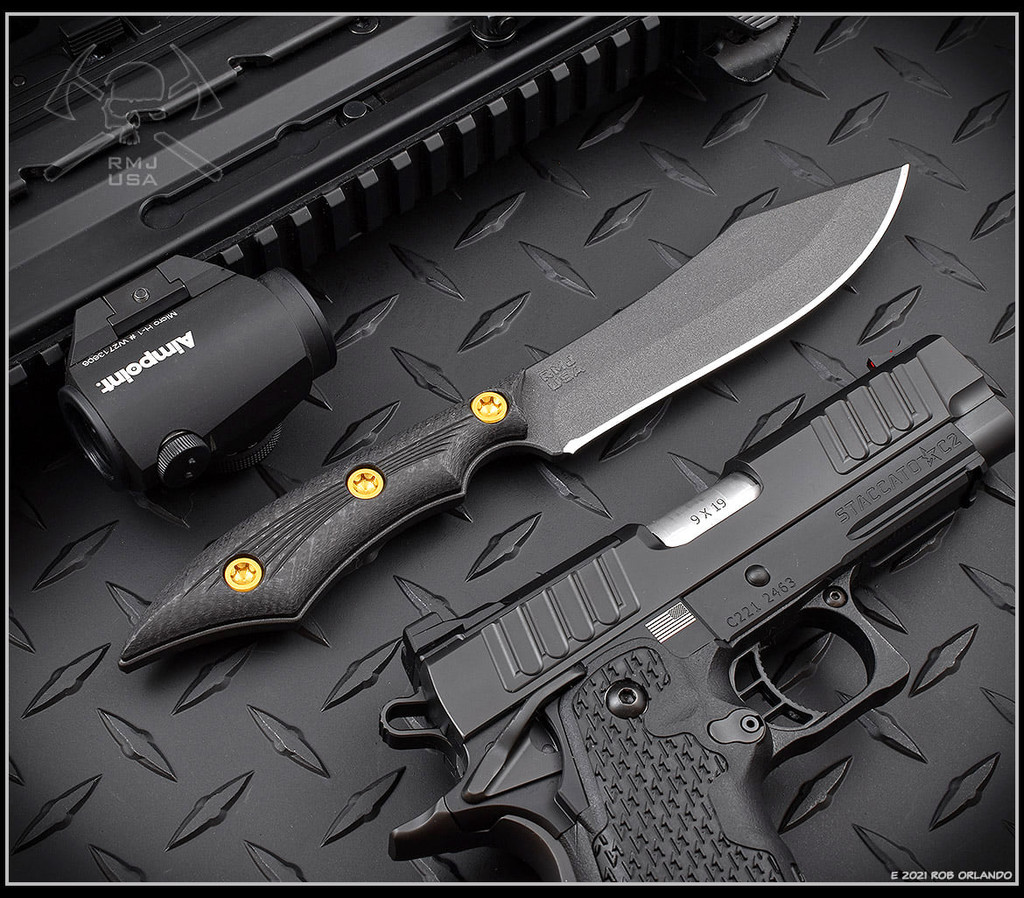 RMJ Tactical Ratatosk fixed blade knife - shown out of sheath obverse.  Cobalt Cerakote Nitro-V stainless steel plain edge blade.  Black carbon fiber handle.