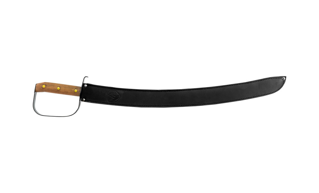 Condor Tool and Knife Naval Cutlas sword - shown in sheath obverse.  1075 steel plain edge blade.  Wood handle.  Model CTK360-24HC.
