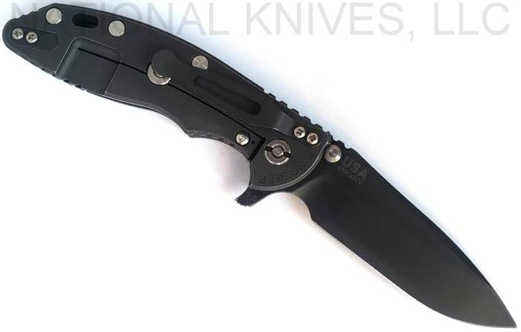 Rick Hinderer Knives XM-18 3.5" Spear Point folding knife with thumb stud and flipper tab - shown open lock side.  Battle Black S45VN stainless steel plain edge blade.  Grey G-10 handle with Battle Black lock side.  Model KXM35SPEDLC2.