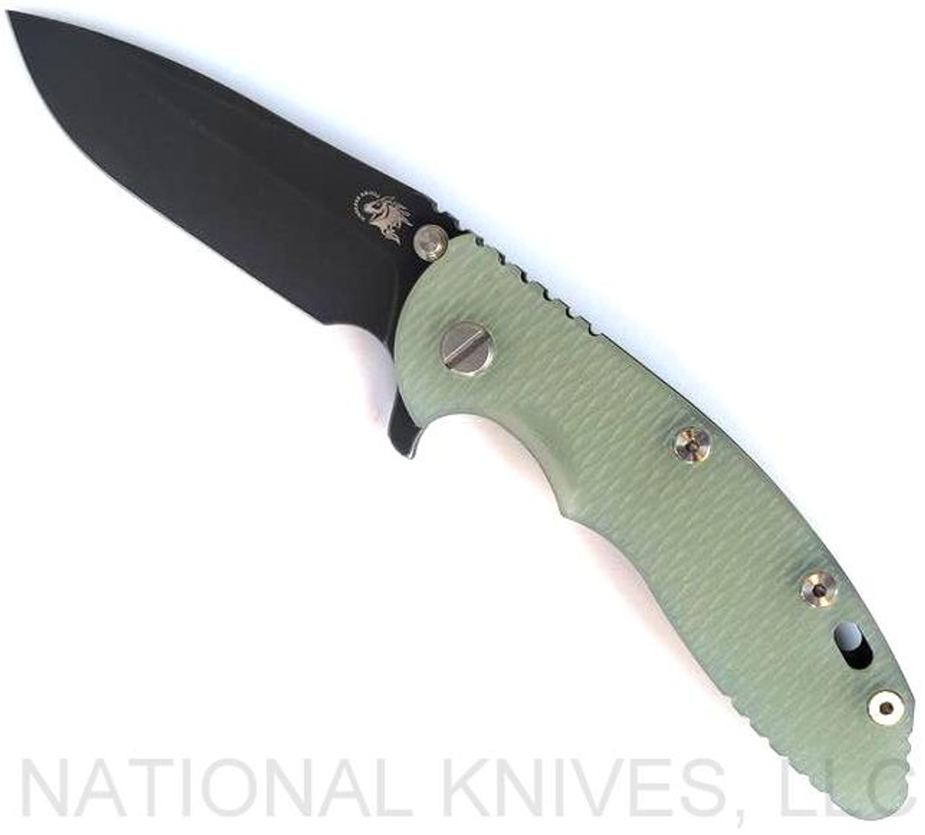 Rick Hinderer Knives XM-18 3.5" Spear Point folding knife with thumb stud and flipper tab - shown open presentation side.  Battle Black S45VN stainless steel plain edge blade.  Translucent Green G-10 handle with Battle Black lock side.  Model KXM35SPEDLC2.