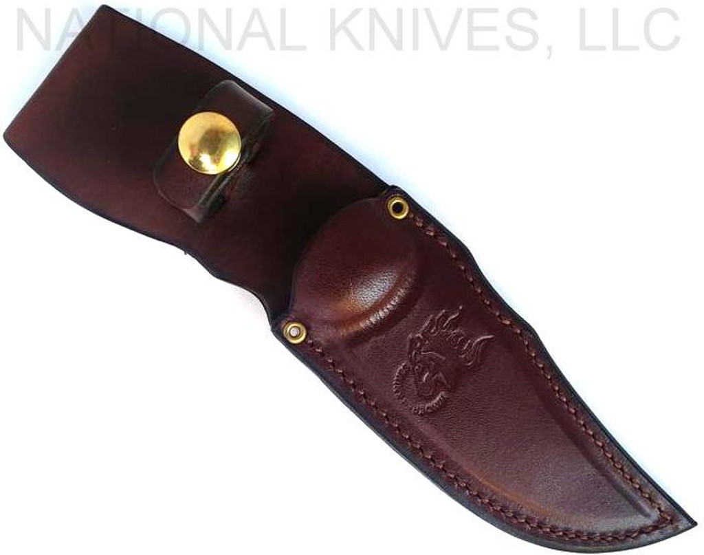 Rick Hinderer Knives Emmett Bowie fixed blade knife - brown leather sheath only obverse.  Stonewash 20CV stainless steel plain edge blade.  OD green Micarta handle.  Model KEMBOMI.