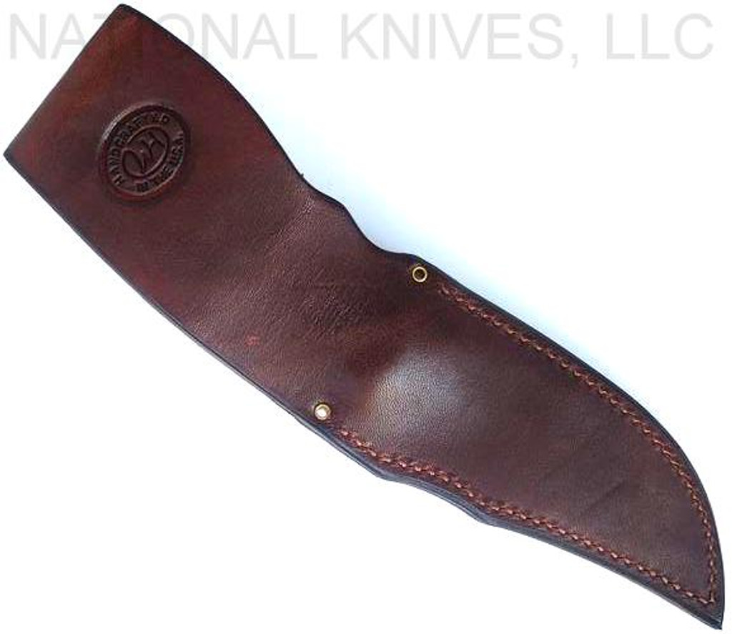 Rick Hinderer Knives Emmett Bowie fixed blade knife - brown leather sheath only reverse.  Stonewash 20CV stainless steel plain edge blade.  OD green Micarta handle.  Model KEMBOMI.