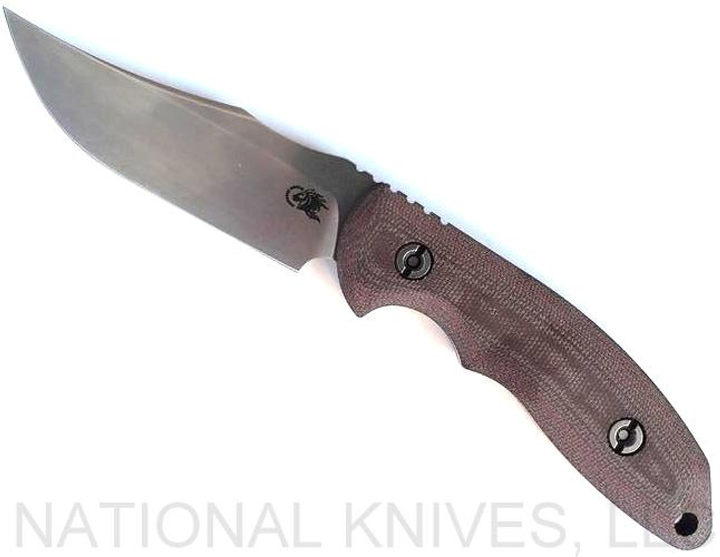 Rick Hinderer Knives Emmett Bowie fixed blade knife - shown out of sheath reverse.  Stonewash 20CV stainless steel plain edge blade.  Burgundy Micarta handle.  Model KEMBOMI.