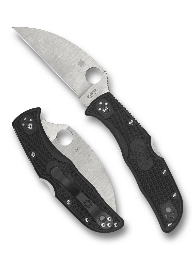 Spyderco Endela folding knife with thumb hole - shown open presentation side and closed pocket clip side.  Satin VG-10 stainless steel, wharncliffe, plain edge blade.  Black FRN handle.  Model C243FPWCBK.
