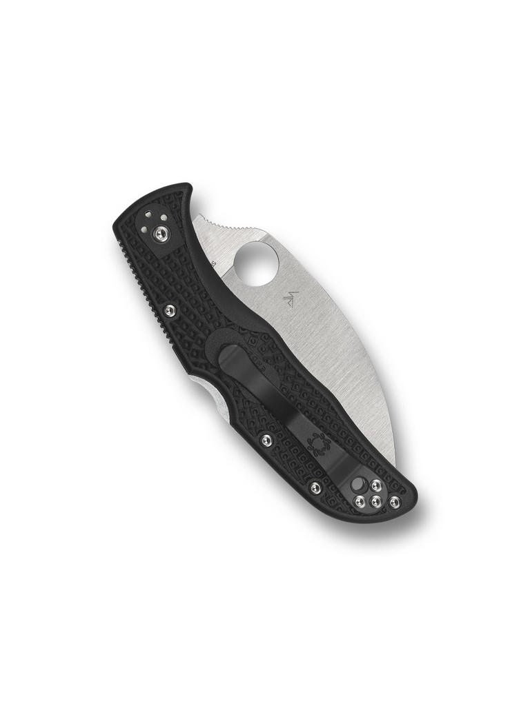 Spyderco Endela folding knife with thumb hole - shown closed pocket clip side.  Satin VG-10 stainless steel, wharncliffe, plain edge blade.  Black FRN handle.  Model C243FPWCBK.