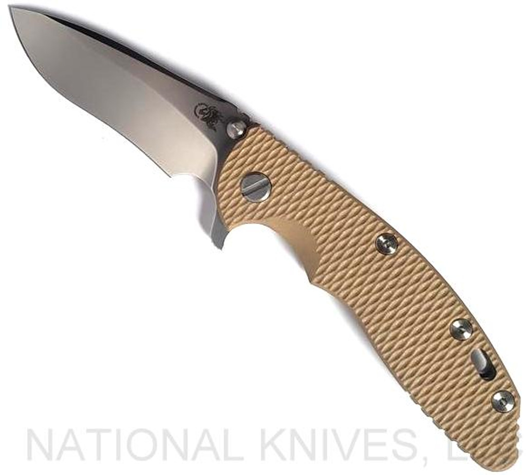 Rick Hinderer Knives XM-18 3.5" Recurve folding knife with thumb stud and flipper tab - shown open presentation side.  Stonewash 20CV stainless steel plain edge blade.  Coyote G-10 handle with stonewash lock side.  Model KXM35REC.