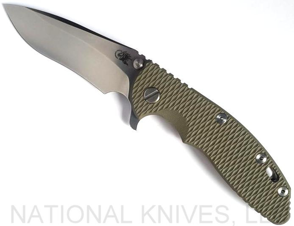 Rick Hinderer Knives XM-18 3.5" Recurve folding knife with thumb stud and flipper tab - shown open presentation side.  Stonewash 20CV stainless steel plain edge blade.  OD green G-10 handle with stonewash bronze lock side.  Model KXM35REC.