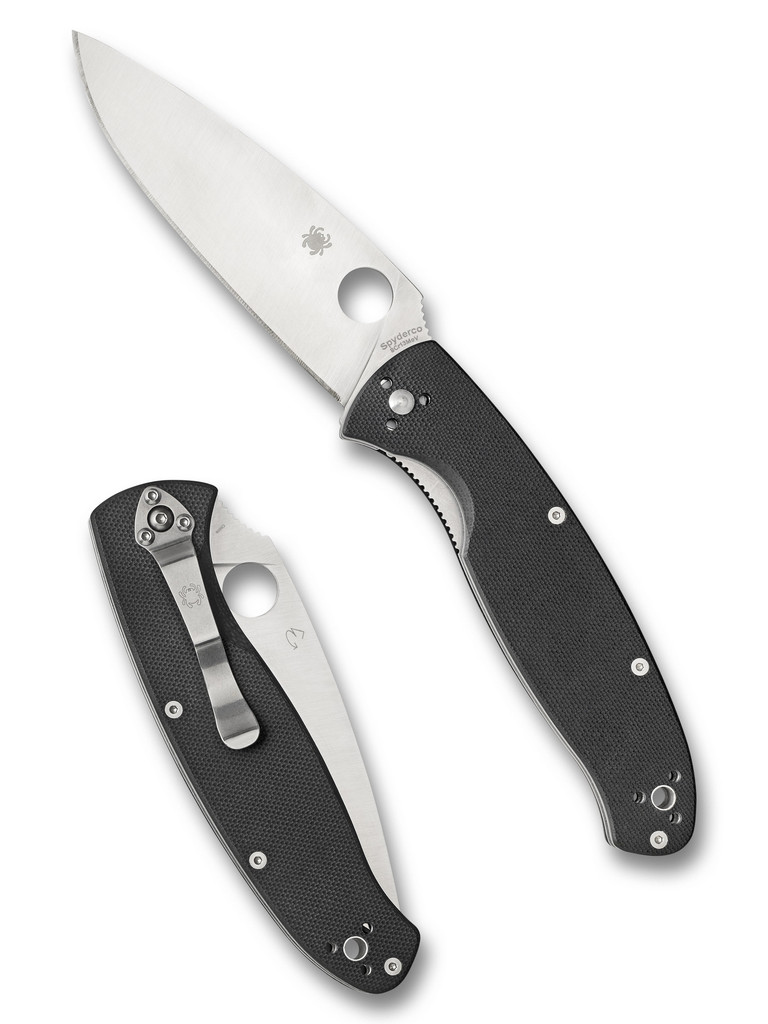 Spyderco Resilience folding knife with thumb hole - shown open presentation side and closed pocket clip side.  Satin 8Cr13MoV stainless steel plain edge blade.  Black G-10 handle.  Model C142GP.