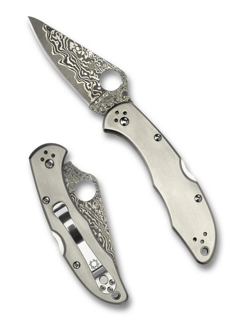 Spyderco Delica 4 folding knife with thumb hole - shown open presentation side and closed pocket clip side.  VG-10 Damascus steel plain edge blade.  Titanium handle.  Model C11TIPD.