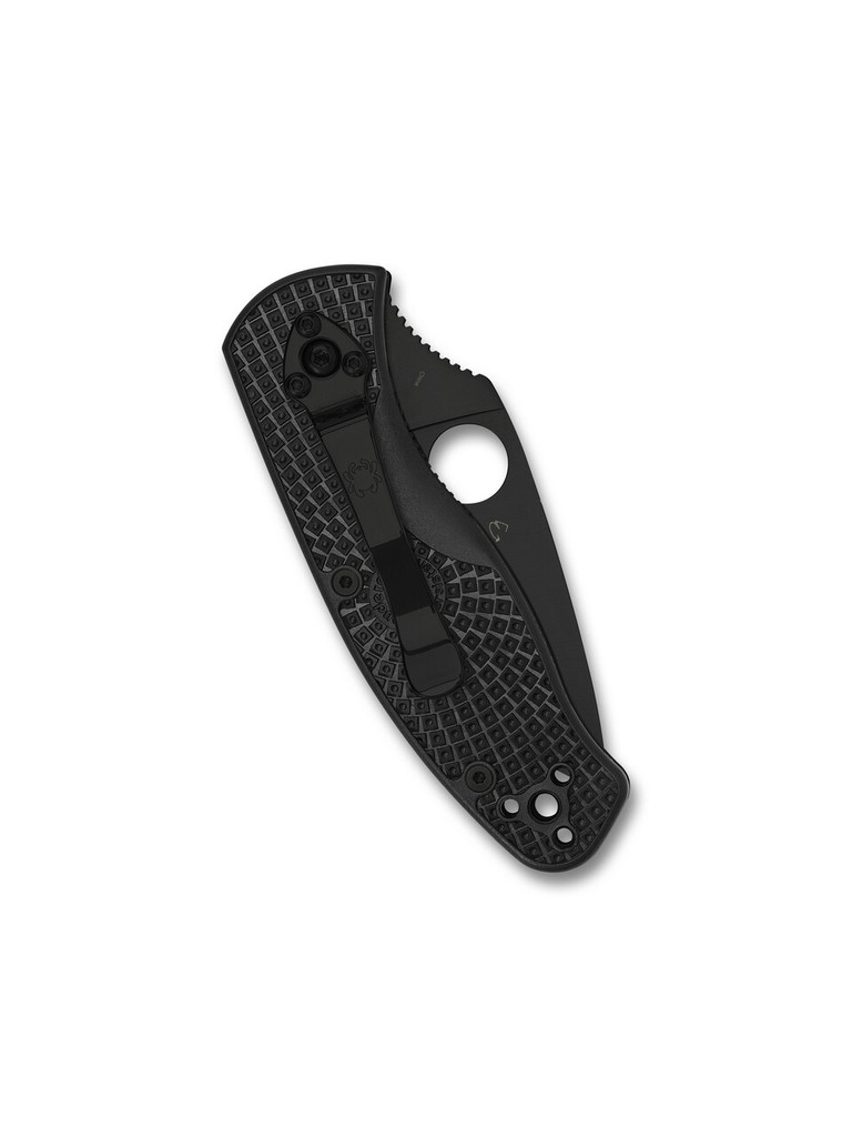 Spyderco Persistence folding knife with thumb hole - shown closed pocket clip side.  Black 8Cr13MoV stainless steel plain edge blade.  Black FRN handle.  Model C136PBBK.
