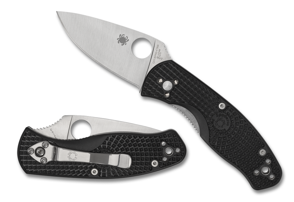 Spyderco Persistence folding knife with thumb hole - shown open presentation side and closed pocket clip side.  Satin 8Cr13MoV stainless steel plain edge blade.  Black FRN handle.  Model C136PBK.
