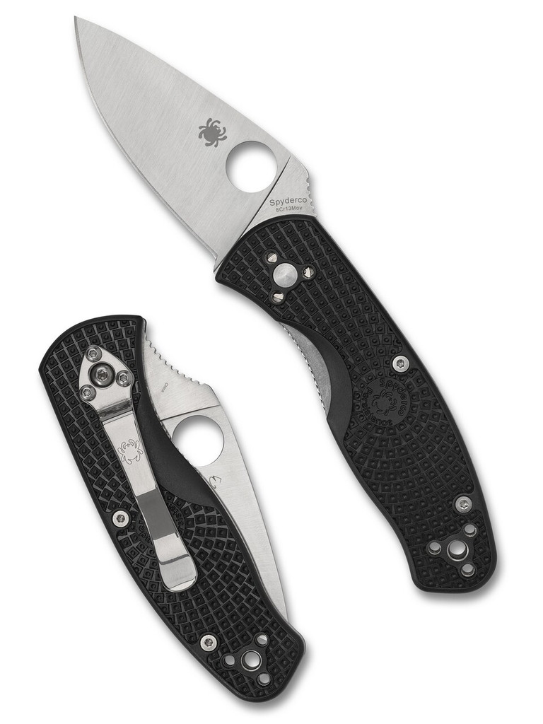 Spyderco Persistence folding knife with thumb hole - shown open presentation side and closed pocket clip side.  Satin 8Cr13MoV stainless steel plain edge blade.  Black FRN handle.  Model C136PBK.
