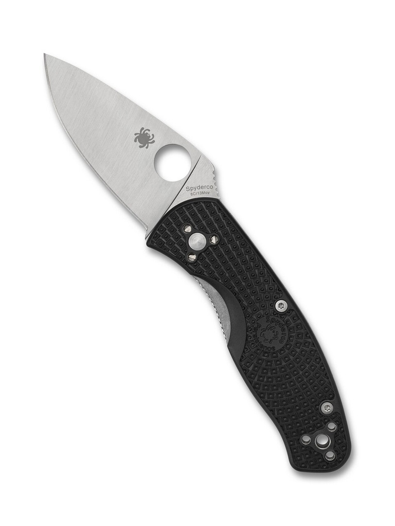 Spyderco Persistence folding knife with thumb hole - shown open presentation side.  Satin 8Cr13MoV stainless steel plain edge blade.  Black FRN handle.  Model C136PBK.
