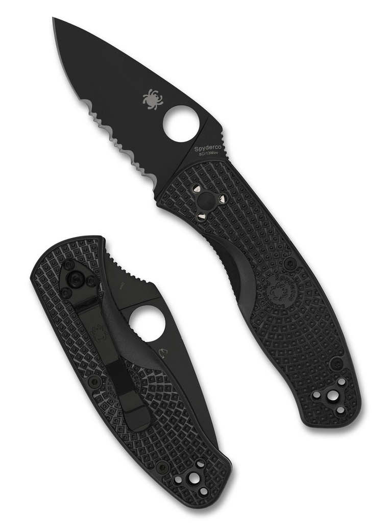 Spyderco Persistence folding knife with thumb hole - shown open presentation side and closed pocket clip side.  Black 8Cr13MoV stainless steel combo edge blade.  Black FRN handle.  Model C136PSBBK.

