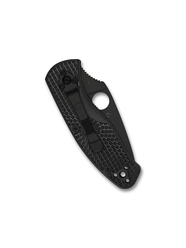 Spyderco Persistence folding knife with thumb hole - shown closed pocket clip side.  Black 8Cr13MoV stainless steel combo edge blade.  Black FRN handle.  Model C136PSBBK.
