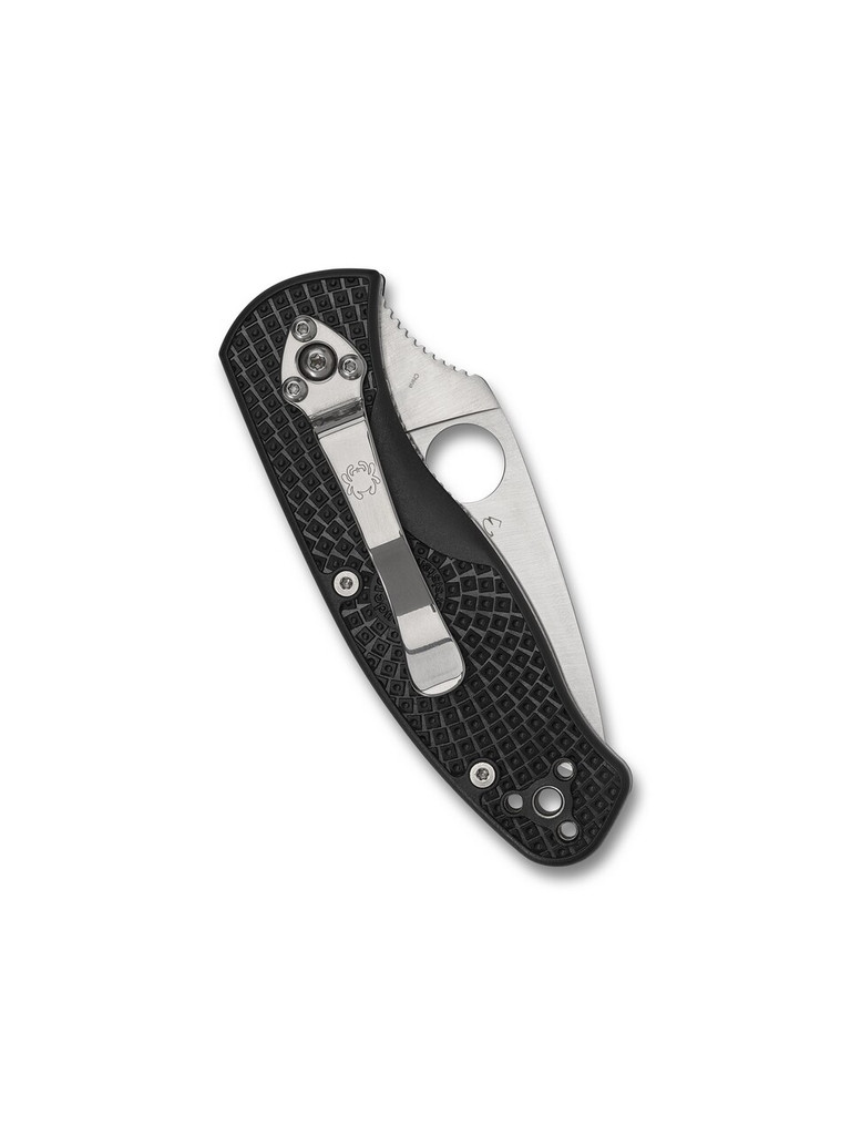 Spyderco Persistence folding knife with thumb hole - shown closed pocket clip side.  Satin 8Cr13MoV stainless steel combo edge blade.  Black FRN handle.  Model C136PSBK.
For reference only.
