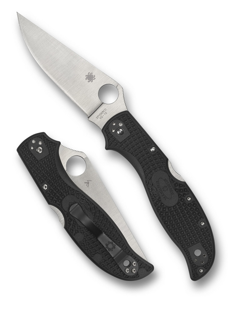 Spyderco Stretch 2 XL folding knife with thumb hole - shown open presentation side and closed pocket clip side.  Satin VG-10 stainless steel plain edge blade.  Black FRN handle.  Model C258PBK.
