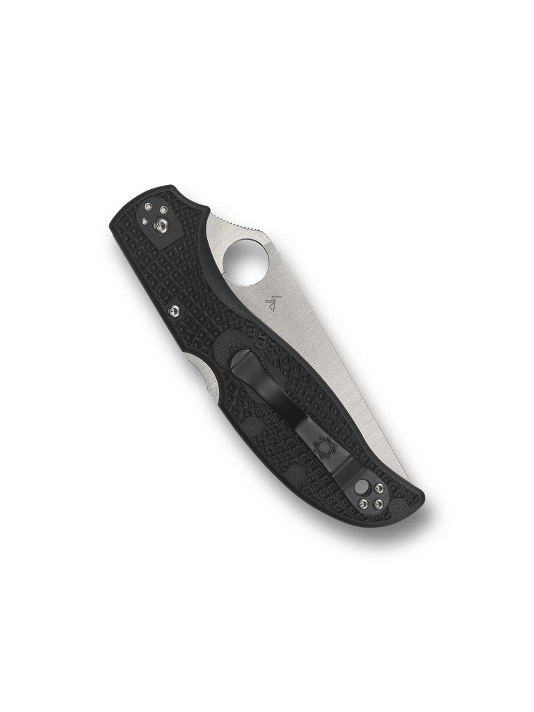 Spyderco Stretch 2 XL folding knife with thumb hole - shown closed pocket clip side.  Satin VG-10 stainless steel plain edge blade.  Black FRN handle.  Model C258PBK.