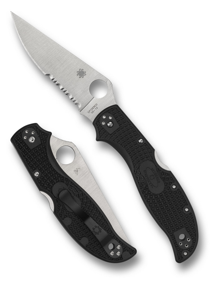 Spyderco Stretch 2 XL folding knife with thumb hole - shown open presentation side and closed pocket clip side.  Satin VG-10 stainless steel combo edge blade.  Black FRN handle.  Model C258PSBK.
