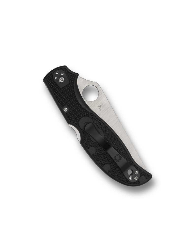 Spyderco Stretch 2 XL folding knife with thumb hole - shown closed pocket clip side.  Satin VG-10 stainless steel combo edge blade.  Black FRN handle.  Model C258PSBK.
