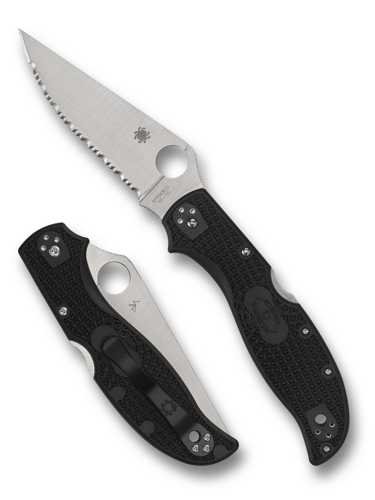 Spyderco Stretch 2 XL folding knife with thumb hole - shown open presentation side and closed pocket clip side.  Satin VG-10 stainless steel serrated edge blade.  Black FRN handle.  Model C258SBK.