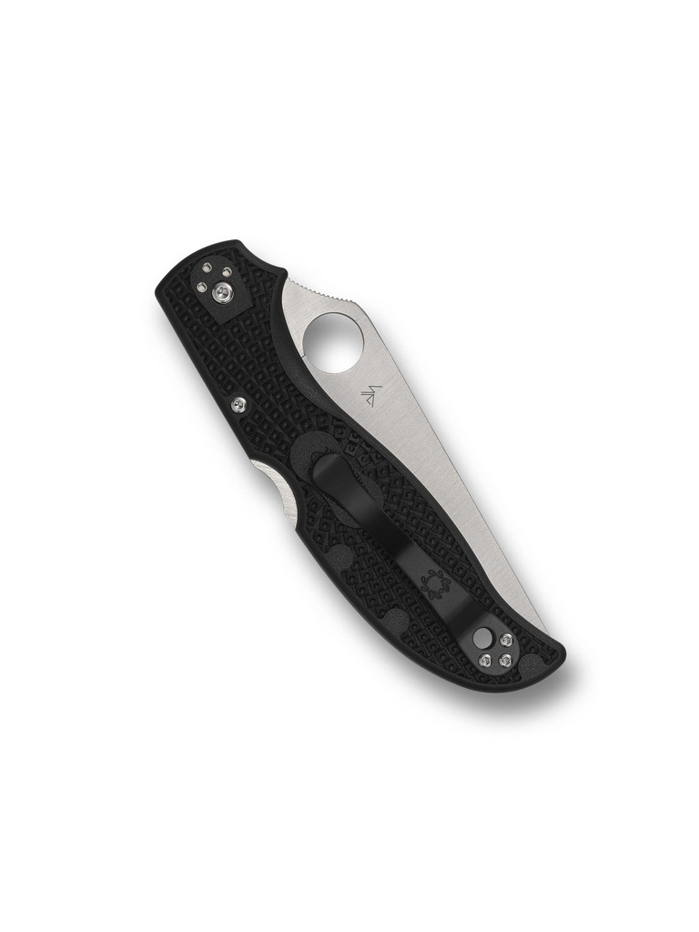 Spyderco Stretch 2 XL folding knife with thumb hole - shown closed pocket clip side.  Satin VG-10 stainless steel serrated edge blade.  Black FRN handle.  Model C258SBK.