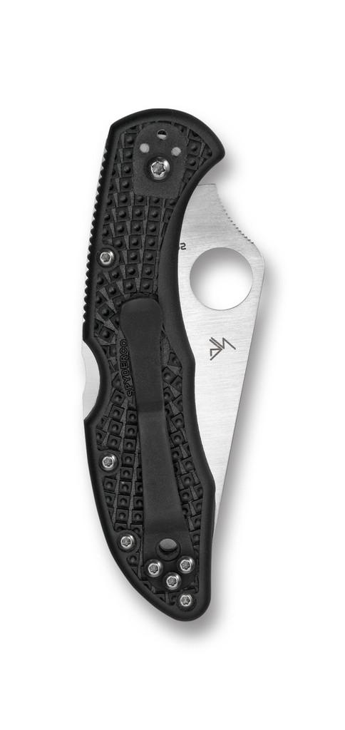 Spyderco Delica 4 folding knife with thumb hole - shown closed pocket clip side.  Satin VG-10 stainless steel combo edge blade.  Black FRN handle.  Model C11PSBK.