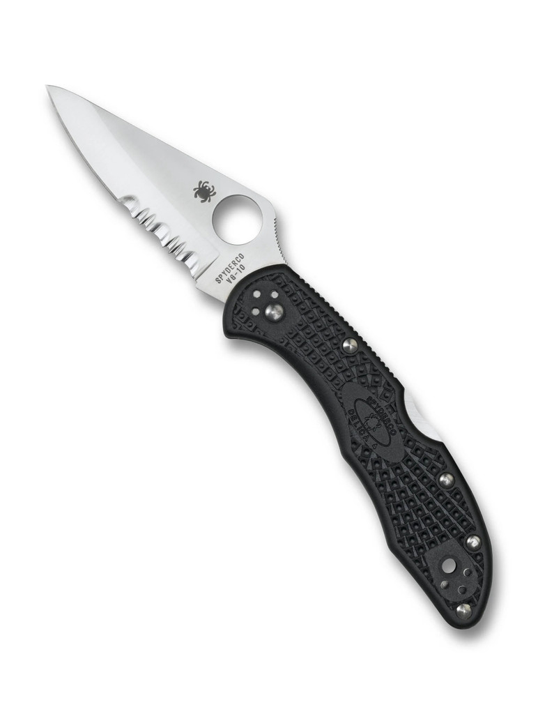 Spyderco Delica 4 folding knife with thumb hole - shown open presentation side.  Satin VG-10 stainless steel combo edge blade.  Black FRN handle.  Model C11PSBK.