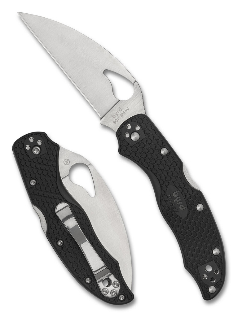 Byrd Harrier 2 folding knife with thumb slot - shown both open presentation side and closed pocket clip side.  Satin 8Cr13MoV stainless steel, wharncliffe, plain edge blade.  Black FRN handle.  Model BY01PBKWC2.