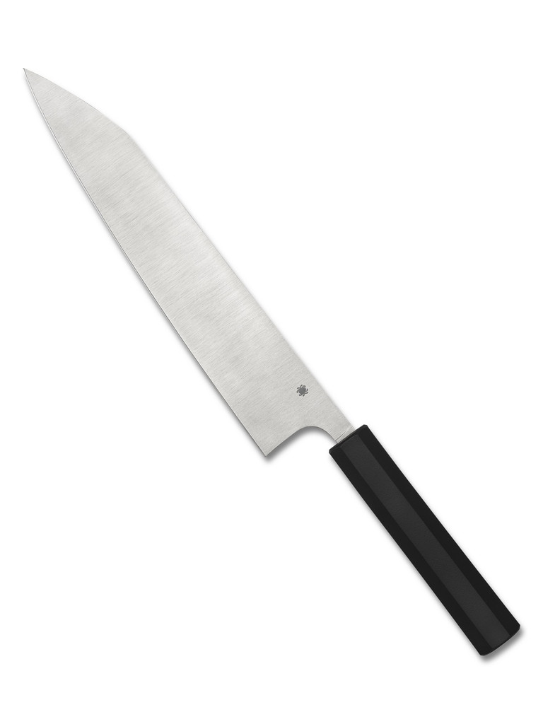Spyderco Culinary Murray Carter Minarai Gyuto kitchen knife - obverse shown.  Satin CTS-BD1N stainless steel plain edge blade.  Black polypropylene handle.  Model K19PBK.