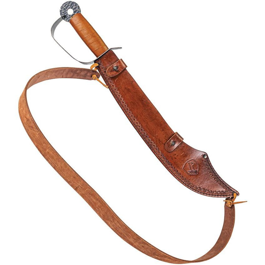Condor Tool and Knife Buccaneer Sword - shown in sheath reverse.  1075 steel plain edge blade.  Leather wrapped wood handle.  Model CTK1030-15.5HC.