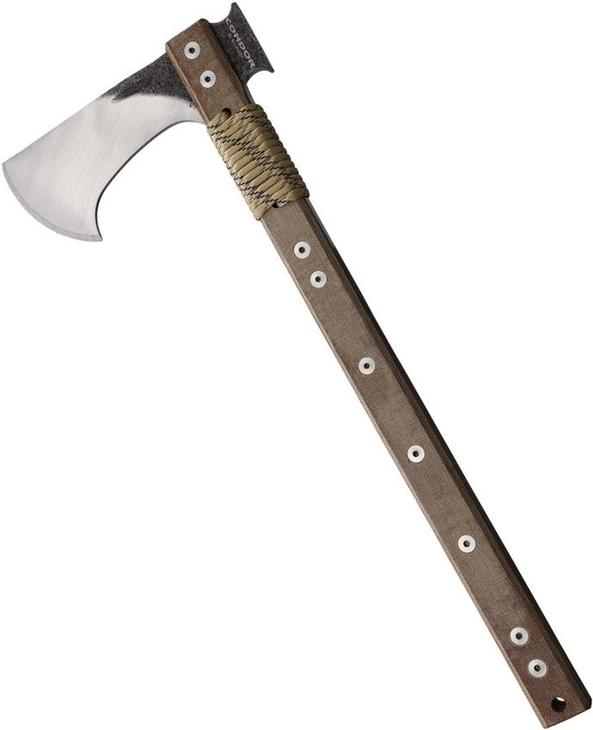 Condor Tool and Knife Tactical P.A.S.S. Hawk Axe - shown out of sheath reverse.  1075 HC steel plain edge head.  Brown Micarta handle.  Model CTK1826-15HC.