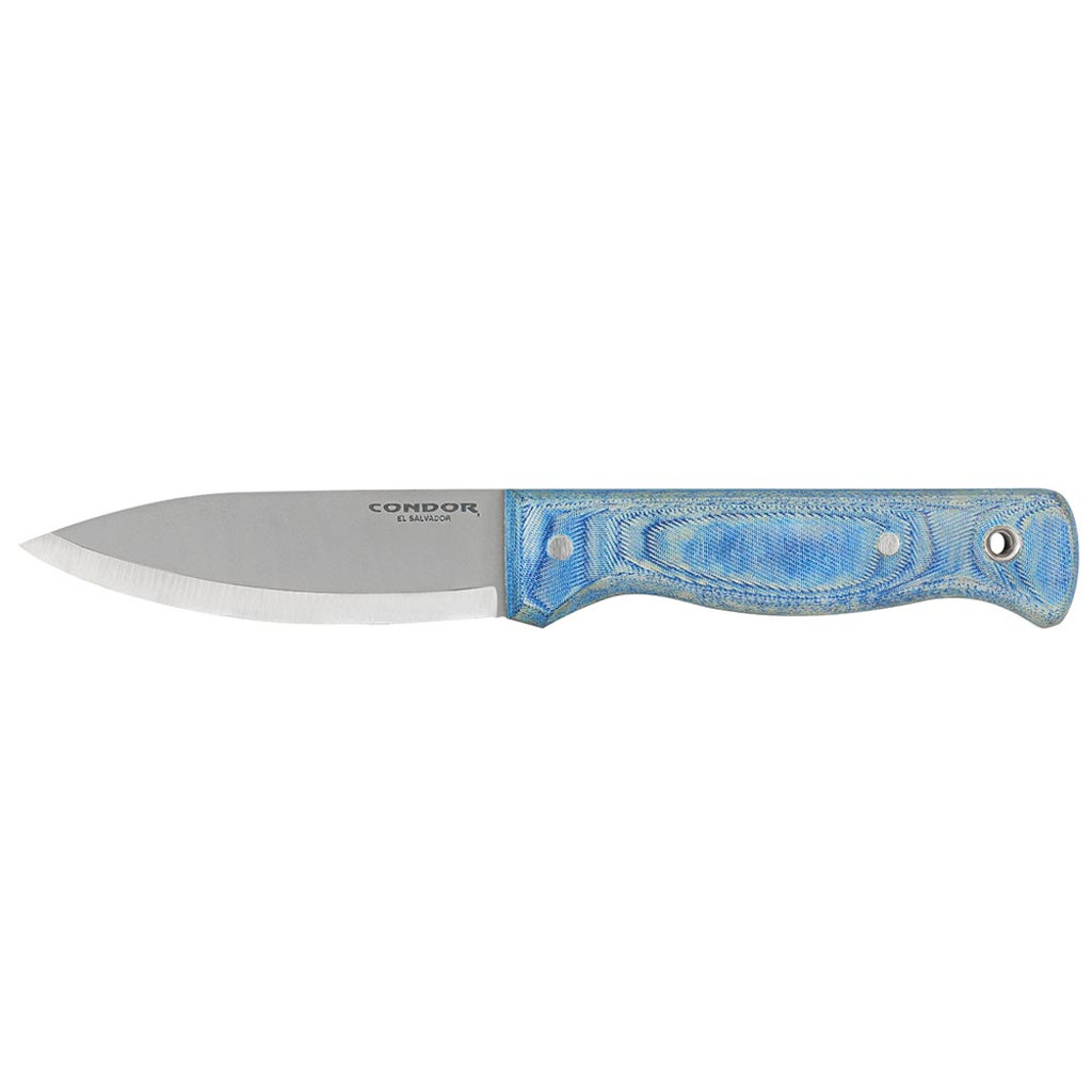 Condor Tool and Knife Aqualore fixed blade knife - shown out of sheath reverse.  14C28N stainless steel plain edge blade.  Blue Micarta handle.  Model CTK3958-4.3SK.